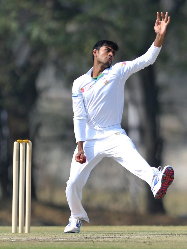Bangladesh's Mehedi Hasan Miraj bowls during the second day of a two-day practice cricket match between India A and Bangladesh at Gymkhana Ground in Secunderabad, the twin city of Hyderabad on February 6, 2017. India will play one Test match against Bangladesh from February 9-13. RESTRICTED TO EDITORIAL USE - STRICTLY NO COMMERCIAL USE - GETTYOUT / AFP PHOTO / NOAH SEELAM / ----IMAGE RESTRICTED TO EDITORIAL USE - STRICTLY NO COMMERCIAL USE----- / GETTYOUT