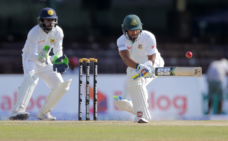 Bangladesh batsman Imrul Kayes plays a shot against Sri Lanka on day two of their second test cricket match in Colombo, Sri Lanka, Thursday, March 16, 2017. (AP Photo/Eranga Jayawardena)