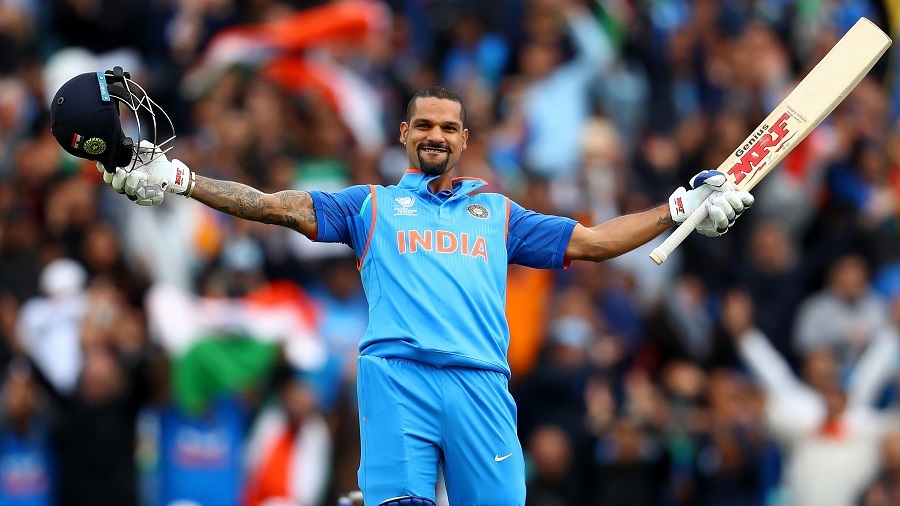 LONDON, ENGLAND - JUNE 08:  Shikhar Dhawan of India celebrates his century during the ICC Champions trophy cricket match between India and Sri Lanka at The Oval in London on June 8, 2017  (Photo by Clive Rose/Getty Images)