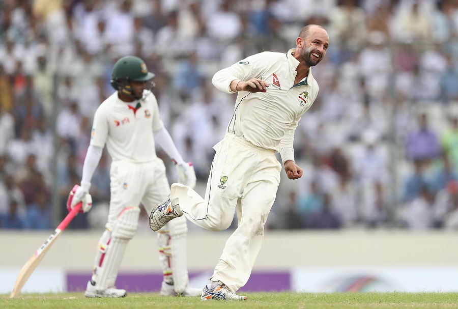 MIRPUR, BANGLADESH - AUGUST 29: Nathan Lyon of Australia celebrates taking the wicket of Mushfiqur Rahim of Bangladesh during day three of the First Test match between Bangladesh and Australia at Shere Bangla National Stadium on August 29, 2017 in Mirpur, Bangladesh. (Photo by Robert Cianflone/Getty Images)