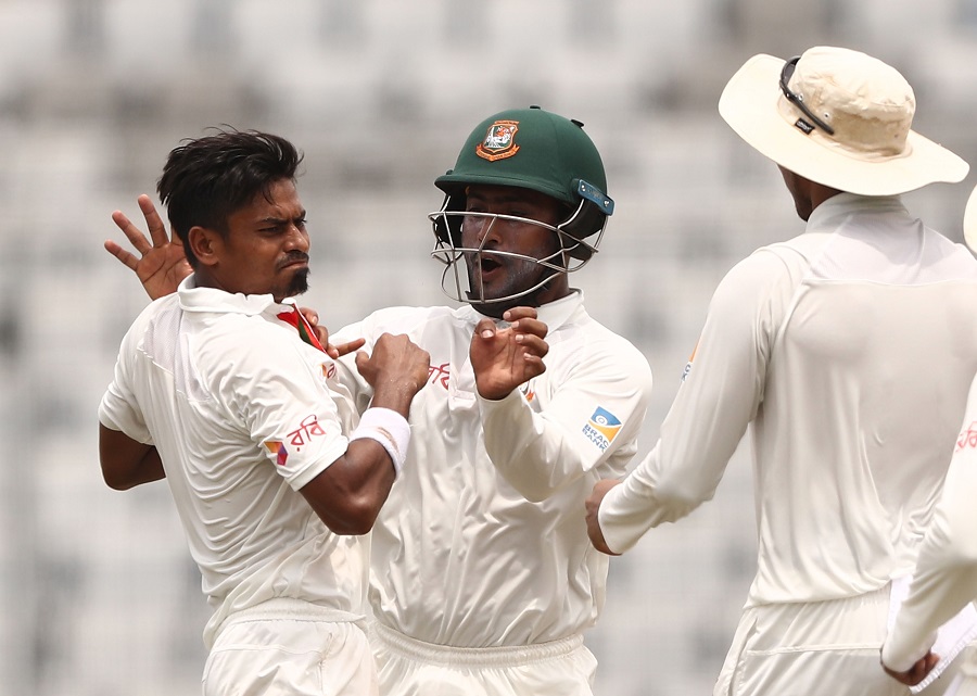 MIRPUR, BANGLADESH - AUGUST 30: Taijul Islam of Bangladesh celebrates taking the wicket of Ashton Agar of Australia during day four of the First Test match between Bangladesh and Australia at Shere Bangla National Stadium on August 30, 2017 in Mirpur, Bangladesh. (Photo by Robert Cianflone/Getty Images)