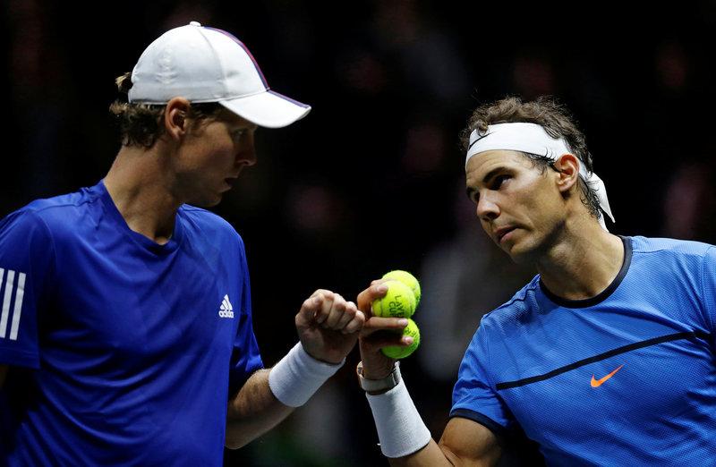 Tennis - Laver Cup - 1st Day - Prague, Czech Republic - September 22, 2017 -Tomas Berdych and Rafael Nadal of team Europe in action during the doubles match.   REUTERS/David W Cerny