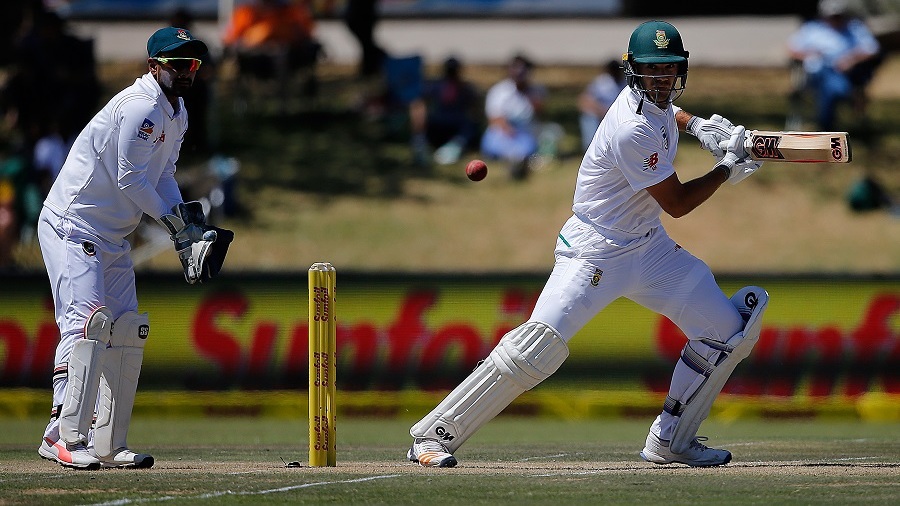 South African batsman Aidan Markram runs for four during the first day of the second cricket Test Match between South Africa and Bangladesh in Bloemfontein on October 6, 2017. / AFP PHOTO / MARCO LONGARI
