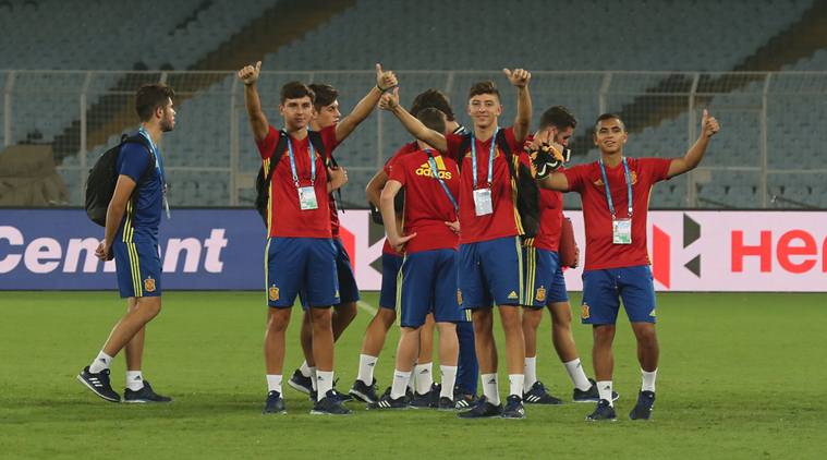 Spain footballers and officials at the SaltLake Stadium on Thursday, October 26,2017. Express photo by Partha Paul.