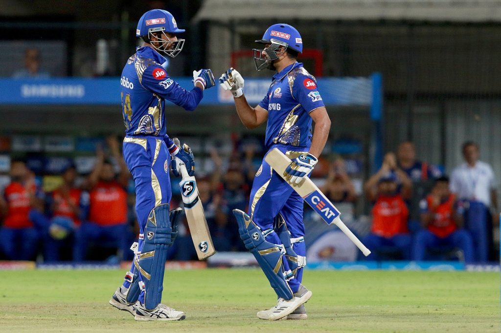 Rohit Sharma captain of MI and Krunal Pandya of MI during match thirty two of the Vivo Indian Premier League 2018 (IPL 2018) between the Delhi Daredevils and the Rajasthan Royals   held at the Feroz Shah Kotla Ground, Delhi on the 2nd May 2018. Photo by: Rahul Gulati /SPORTZPICS for BCCI