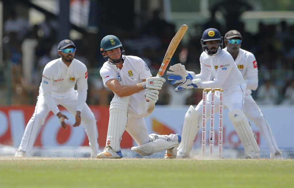 South Africa's Theunis de Bruyn plays a shot against Sri Lanka during the day three of their second test cricket match in Colombo, Sri Lanka, Sunday, July 22, 2018. (AP Photo/Eranga Jayawardena)