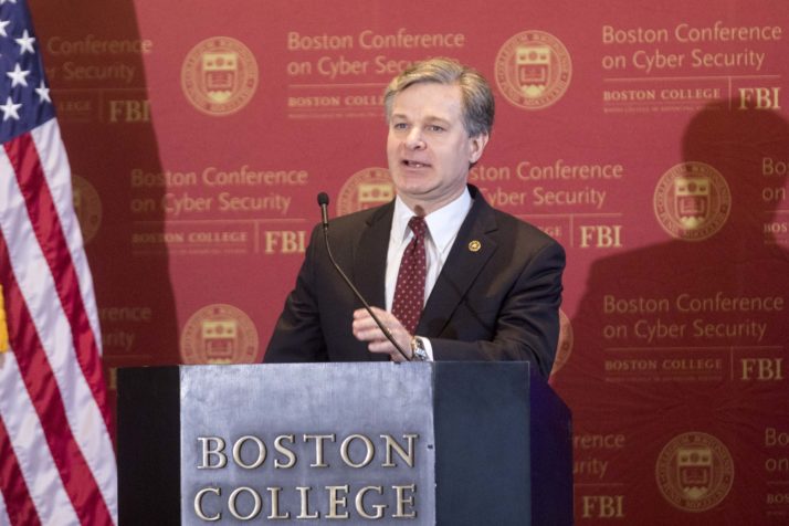 BOSTON, MA - MARCH 06:  FBI Director Christopher Wray speaks on the threats of state-sponsored digital warfare at Boston College on March 6, 2018 in Boston, Massachusetts. Wray was the keynote speaker at the Boston Conference on Cyber Security on the BC campus.  (Photo by Scott Eisen/Getty Images)