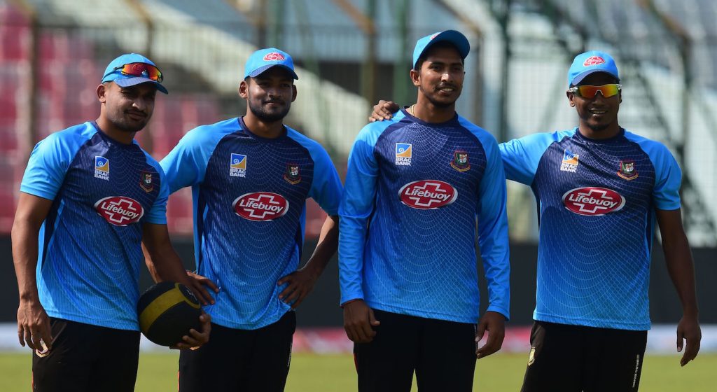 Bangladesh cricketers (L-R) Ariful Haque, Nazmul Hossain Shanto, Soumya Sarkar and Rubel Hossain (R) pose for a photo during a training session ahead of the third one day international (ODI) cricket match between Bangladesh and Zimbabwe at the Zahur Ahmed Chowdhury Stadium in Chittagong on October 25, 2018. (Photo by MUNIR UZ ZAMAN / AFP) (Photo credit should read MUNIR UZ ZAMAN/AFP/Getty Images)