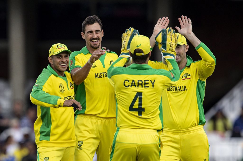 LONDON, ENGLAND - JUNE 15: Mitchell Starc of Australia (2nd left)  celebrates after taking the wicket of Kusal Mendis of Sri Lanka (not shown) during the Group Stage match of the ICC Cricket World Cup 2019 between Sri Lanka and Australia at The Oval on June 15, 2019 in London, England. (Photo by Andy Kearns/Getty Images)
