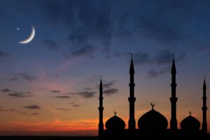Night sky landscape mosque silhouette, Crescent moon stars, Ramadan Kareem celebration.Night sky landscape mosque silhouette, Crescent moon stars, Ramadan Kareem celebration.