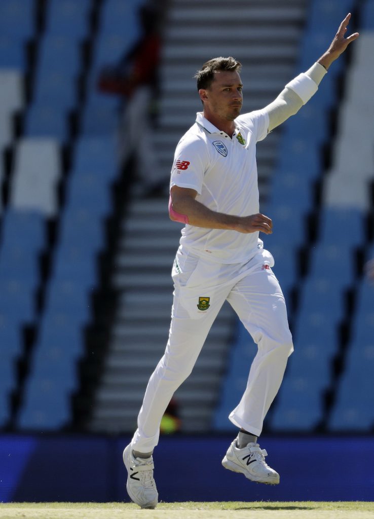 South Africa's bowler Dale Steyn, gestures after dismissing New Zealand's Martin Guptill, for a duck on the fourth day of their second cricket test match at Centurion Park in Pretoria, South Africa, Tuesday, Aug. 30, 2016. (AP Photo/Themba Hadebe)