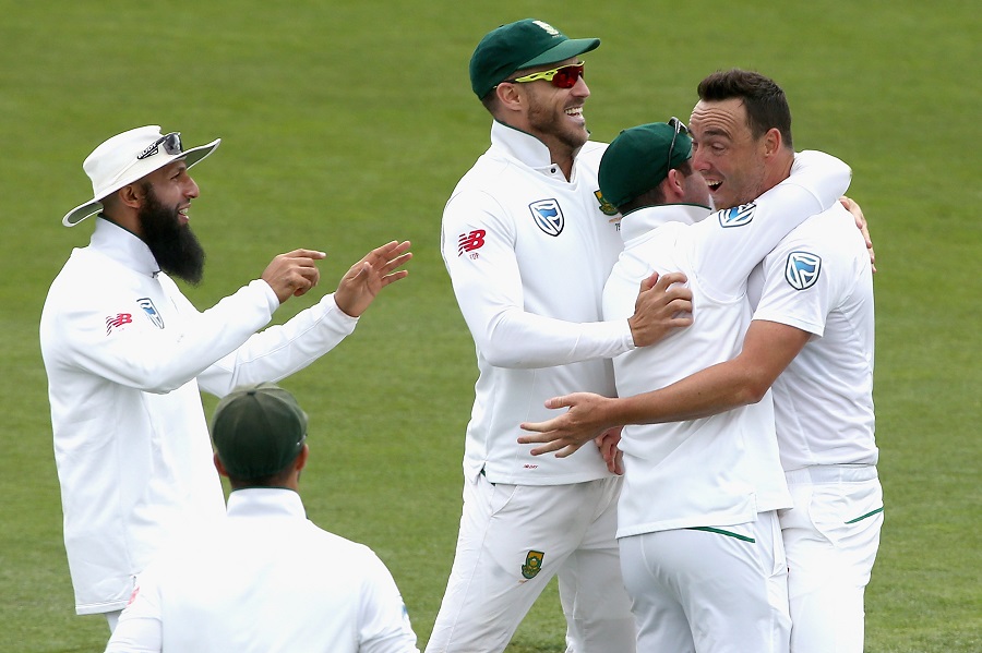 HOBART, AUSTRALIA - NOVEMBER 15: Kyle Abbott of South Africa celebrates after taking the wicket of Adam Voges of Australia during day four of the Second Test match between Australia and South Africa at Blundstone Arena on November 15, 2016 in Hobart, Australia. (Photo by Robert Prezioso - CA/Cricket Australia/Getty Images)