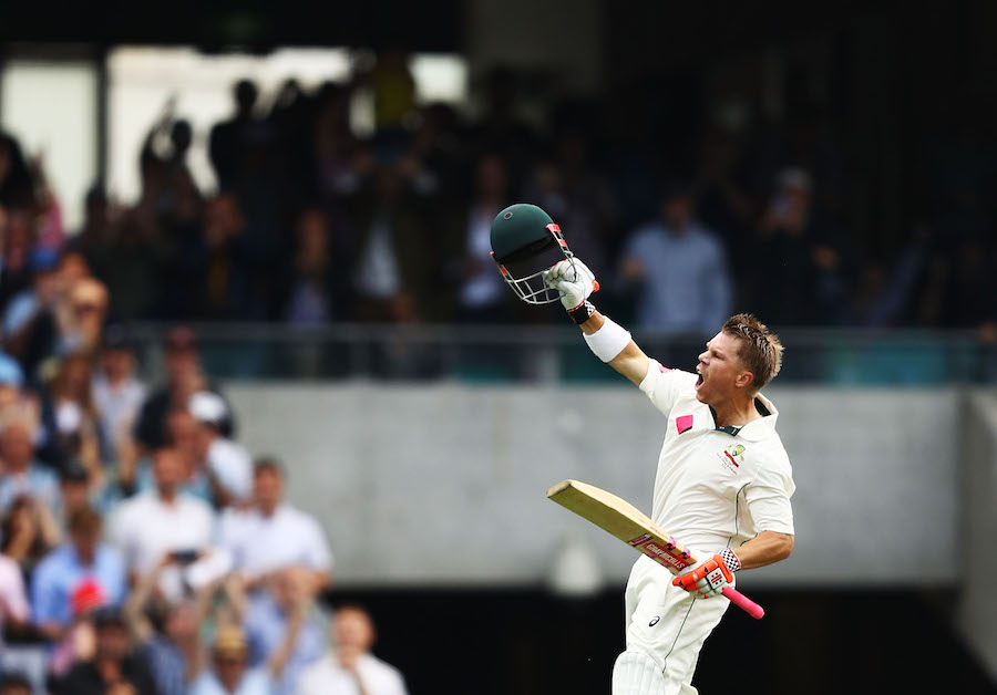SYDNEY, AUSTRALIA - JANUARY 03: David Warner of Australia celebrates after reaching his century during day one of the Third Test match between Australia and Pakistan at Sydney Cricket Ground on January 3, 2017 in Sydney, Australia. (Photo by Ryan Pierse - CA/Cricket Australia/Getty Images)