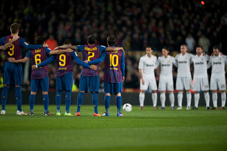 FC Barcelona players line up facing Real Madrid prior to the King's Cup (Copa del Rey) quarter final game between Real Madrid and FC Barcelona in Camp Nou (New Camp) in Barcelona, Spain on January 25, 2012.