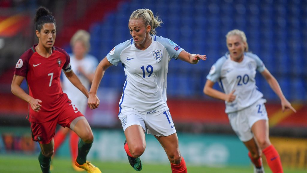 Toni Duggan of England and Cláudia Neto of Portugal during the UEFA Women's EURO 2017 Group D match between Portugal and England