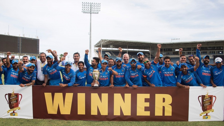 India celebrates their victory and winning of the series after finishing the fifth One Day International (ODI) match between West Indies and India at the Sabina Park Cricket Ground in Kingston, Jamaica, on July 6, 2017.      / AFP PHOTO / JIM WATSON        (Photo credit should read JIM WATSON/AFP/Getty Images)