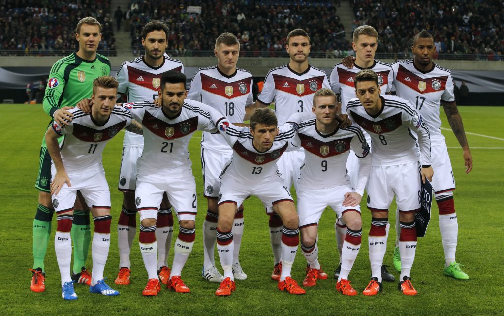 Germany players pose for team photo prior to Euro 2016 qualification soccer match against Georgia in Leipzig