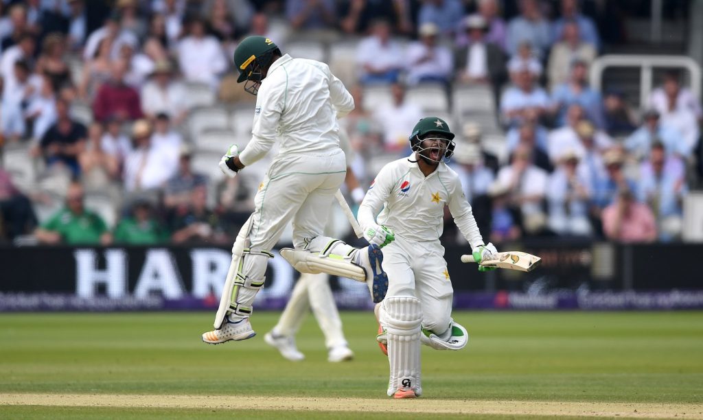 LONDON, ENGLAND - MAY 27:  Imam-ul-Haq and Haris Sohail of Pakistan celebrate winning the 1st NatWest Test match at Lord's Cricket Ground on May 27, 2018 in London, England.  (Photo by Gareth Copley/Getty Images)