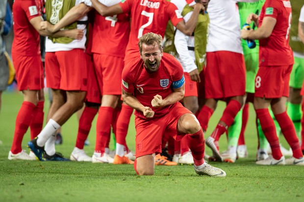 MOSCOW, RUSSIA - JULY 03:  Harry Kane of England celebrates the victory during the 2018 FIFA World Cup Russia Round of 16 match between Colombia and England at Spartak Stadium on July 3, 2018 in Moscow, Russia.  (Photo by Fred Lee/Getty Images)