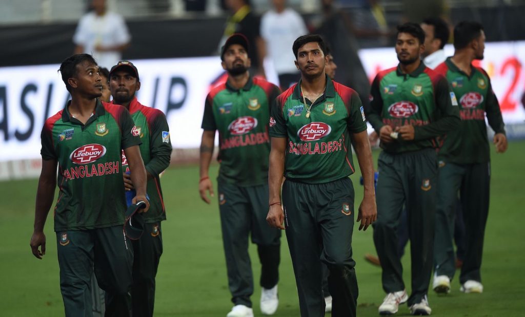 Bangladesh cricketers reacts after India require another 9 runs with 3 wickets during the final one day international (ODI) Asia Cup cricket match between Bangladesh and India at the Dubai International Cricket Stadium in Dubai on September 28, 2018. (Photo by ISHARA S. KODIKARA / AFP) (Photo credit should read ISHARA S. KODIKARA/AFP/Getty Images)