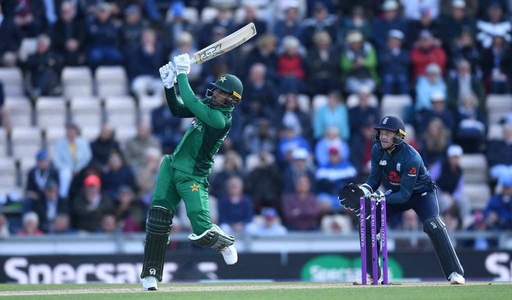 SOUTHAMPTON, ENGLAND - MAY 11: Fakhar Zaman of Pakistan bats watched by England wicketkeeper Jos Buttler during the Second One Day International between England and Pakistan at The Ageas Bowl on May 11, 2019 in Southampton, England. (Photo by Gareth Copley/Getty Images)